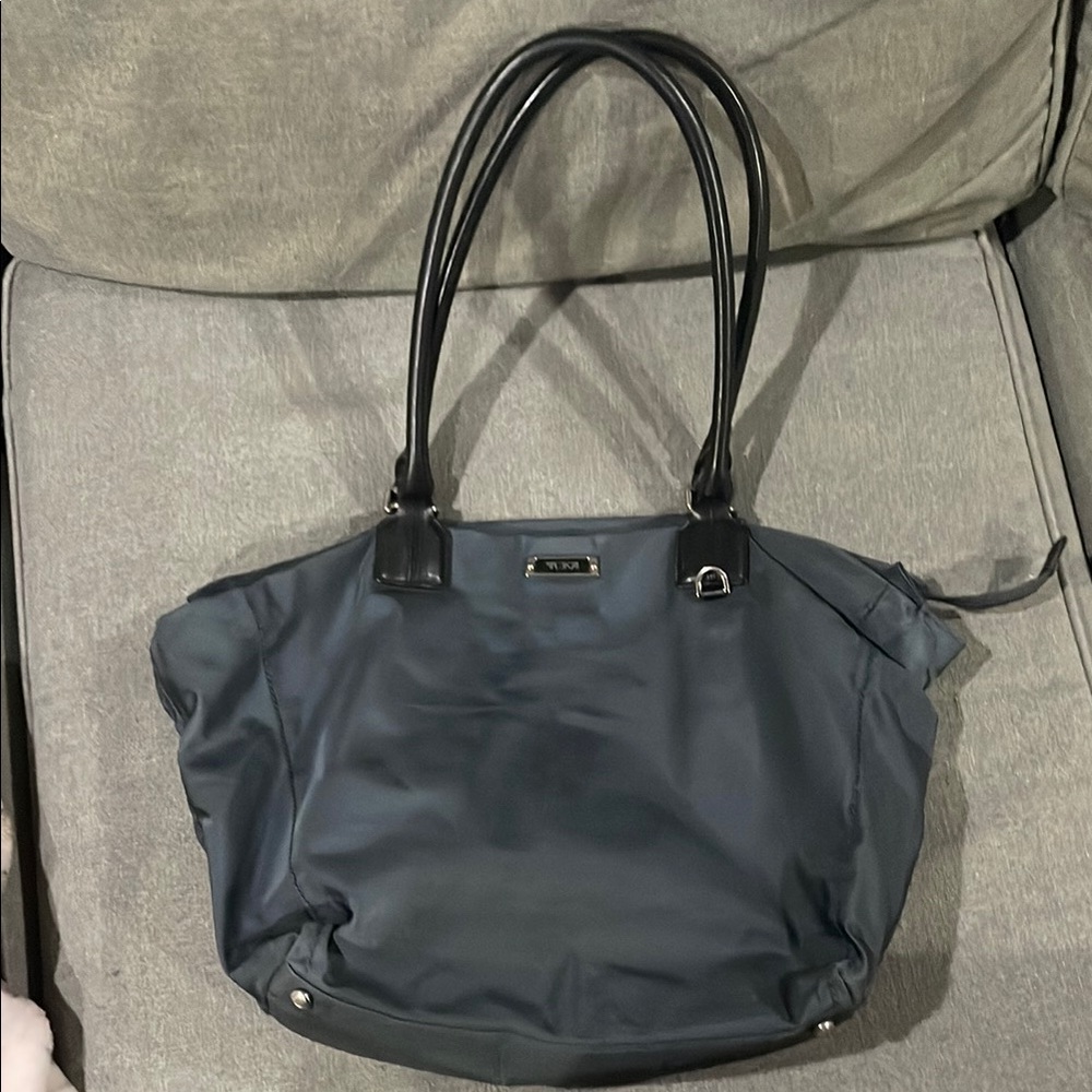 Tumi Blue Gray Nylon Tote Bag with Leather Handles